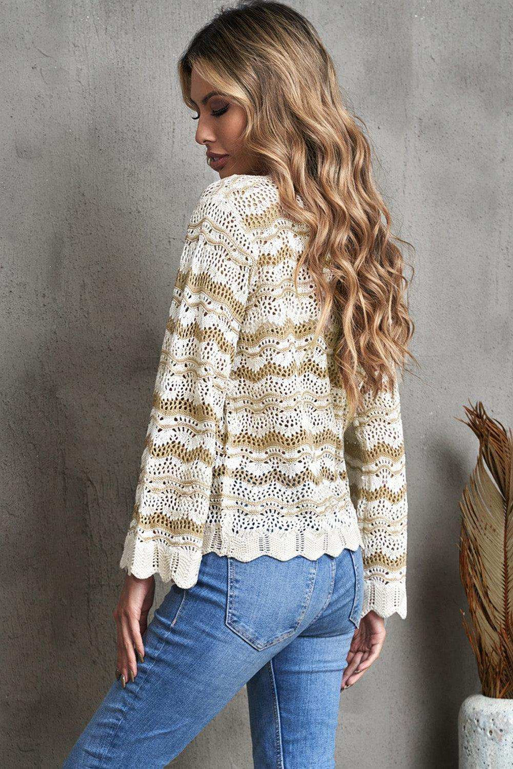 Wavy Stripe Scalloped Hem Openwork Knit Top - Trendsi - Flyclothing LLC