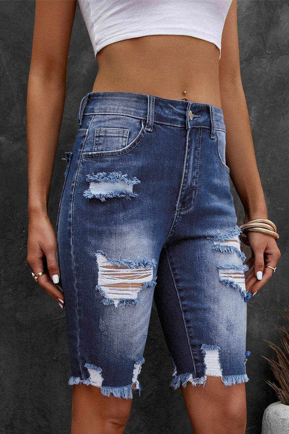 Distressed Frayed Hem Denim Bermuda Shorts - Trendsi - Flyclothing LLC