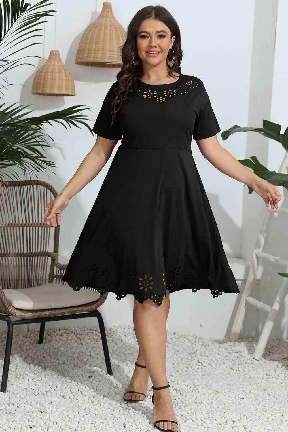Plus Size Round Neck Openwork Dress - Trendsi - Flyclothing LLC