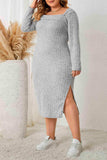 Plus Size Square Neck Long Sleeve Slit Dress - Trendsi - Flyclothing LLC