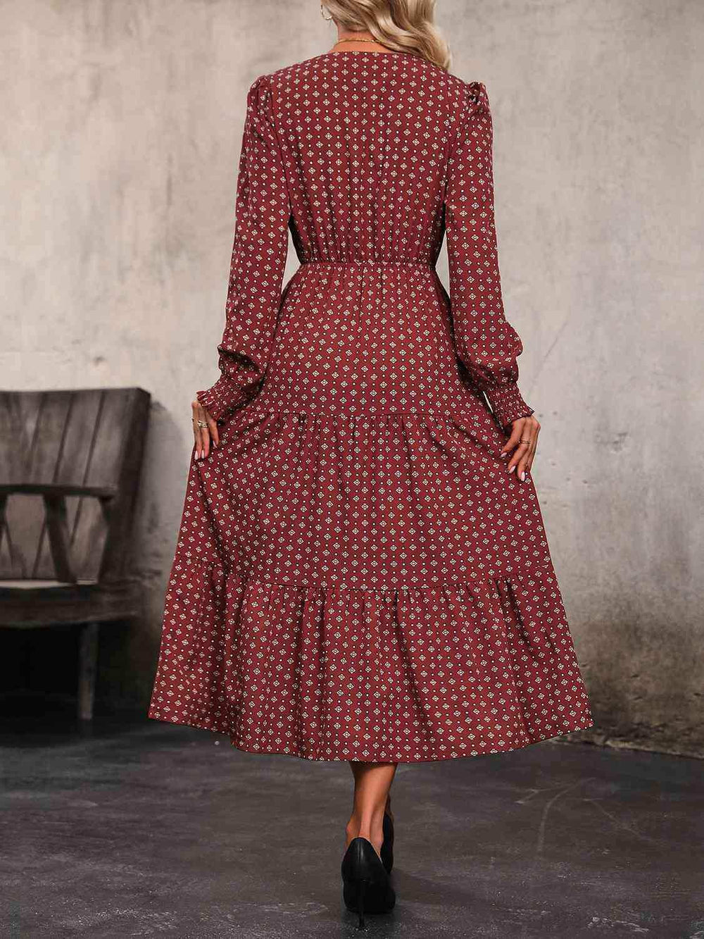 Printed Tiered V-Neck Buttoned Midi Dress - Trendsi - Flyclothing LLC