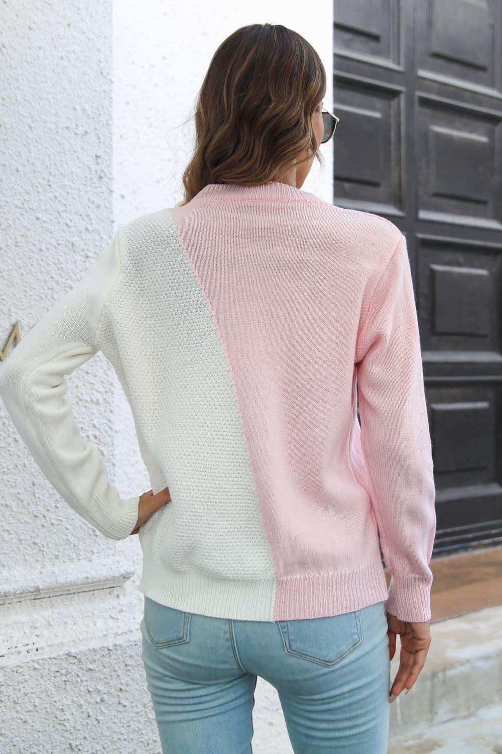Contrast Color Round Neck Long Sleeve Sweater - Trendsi - Flyclothing LLC