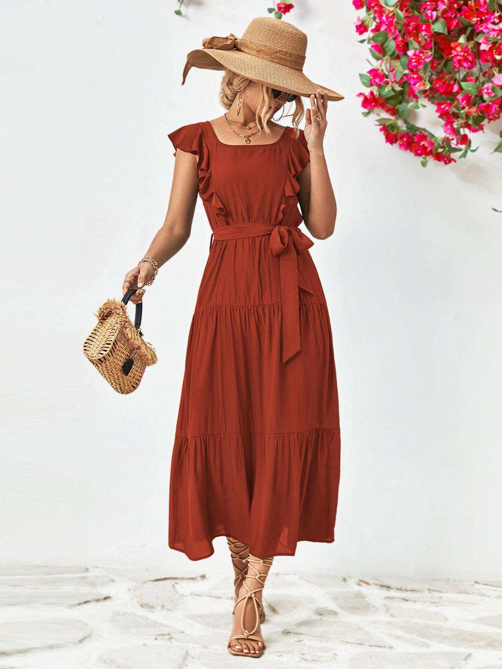 Tie Belt Ruffled Tiered Dress - Trendsi - Flyclothing LLC