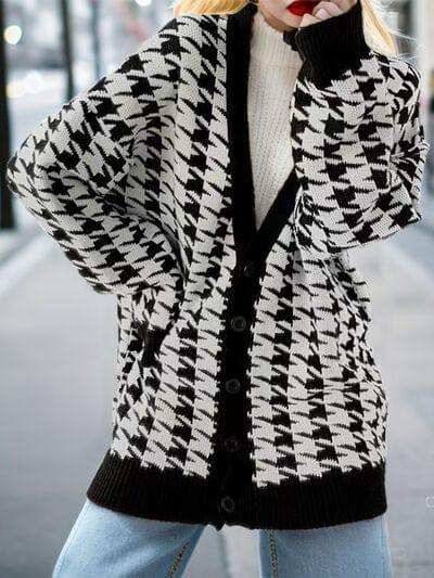 Houndstooth Button Up Long Sleeve Cardigan - Trendsi - Flyclothing LLC