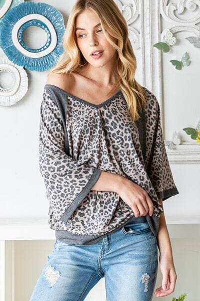 Heimish Full Size Leopard Contrast V-Neck Half Sleeve T-Shirt - Trendsi - Flyclothing LLC