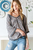 Heimish Full Size Leopard Contrast V-Neck Half Sleeve T-Shirt - Trendsi - Flyclothing LLC