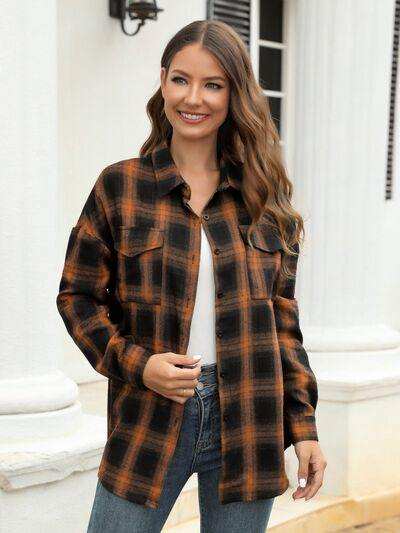 Plaid Button Up Pocketed Shirt - Trendsi - Flyclothing LLC