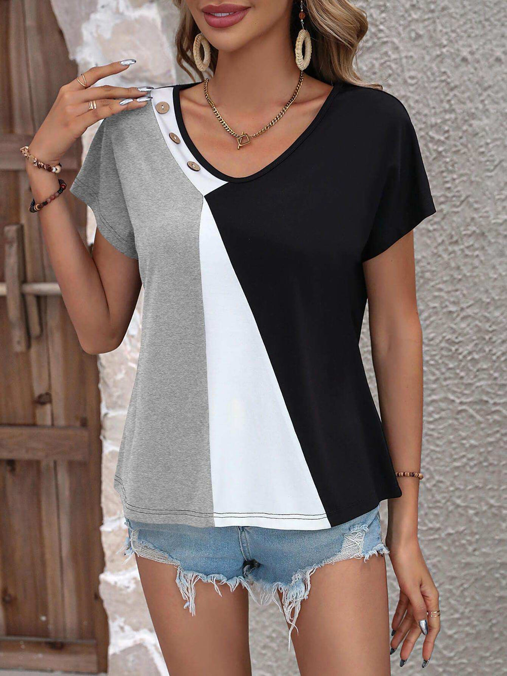 Color Block Decorative Button V-Neck Tee - Trendsi - Flyclothing LLC
