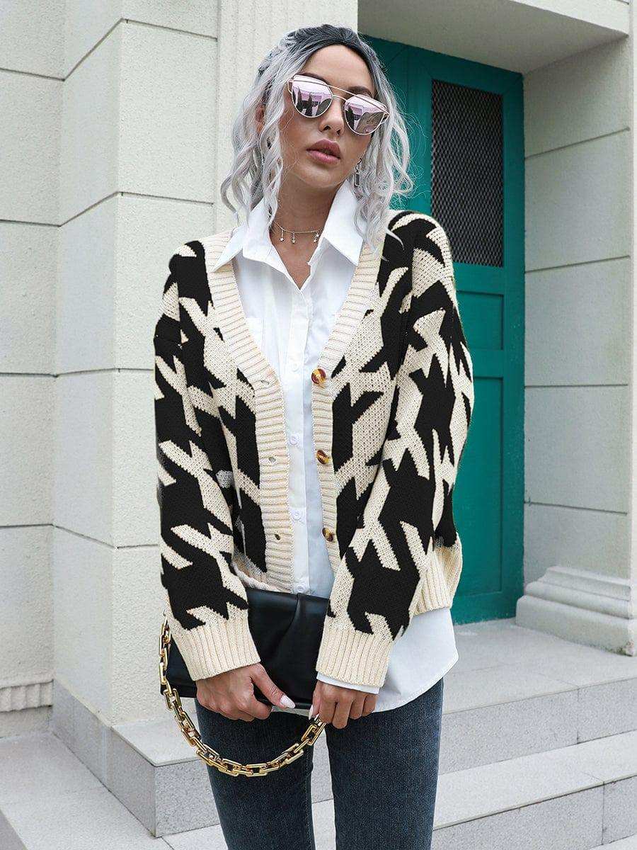 Houndstooth Button Down Cardigan - Trendsi - Flyclothing LLC