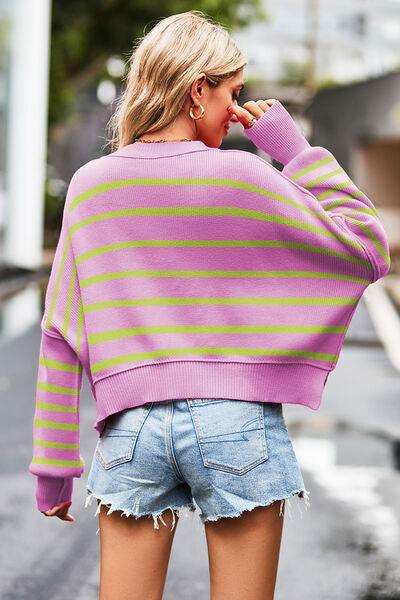 Striped Round Neck Drop Shoulder Slit Sweater - Trendsi - Flyclothing LLC