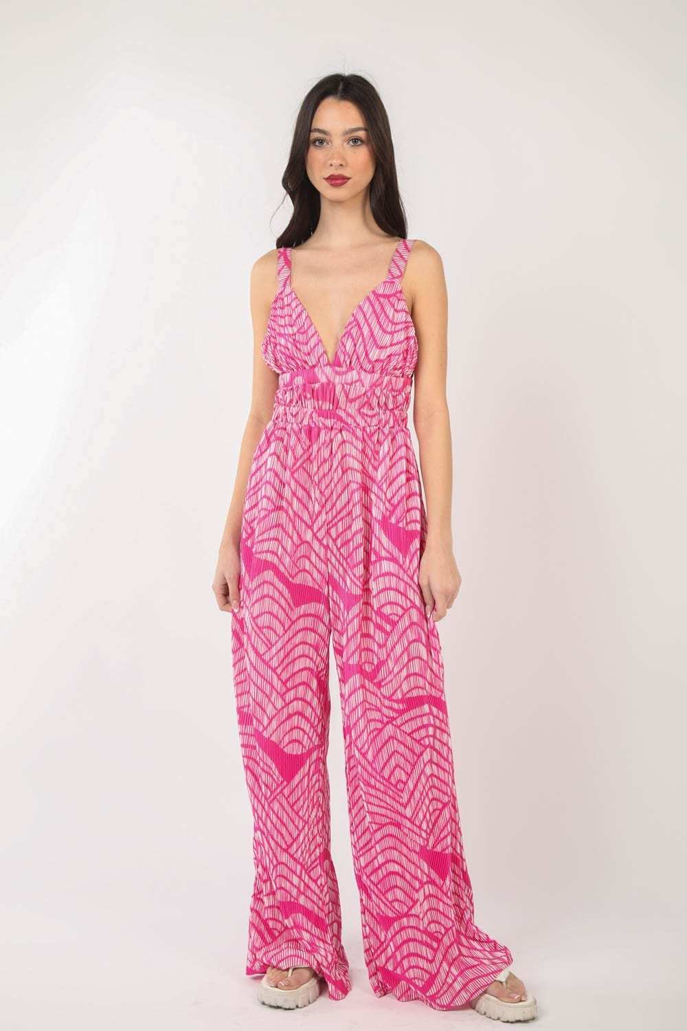 VERY J Printed Pleated Sleeveless Wide Leg Jumpsuit - Trendsi - Flyclothing LLC