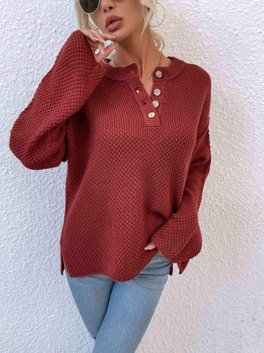 Quarter-Button Slit Sweater - Trendsi - Flyclothing LLC