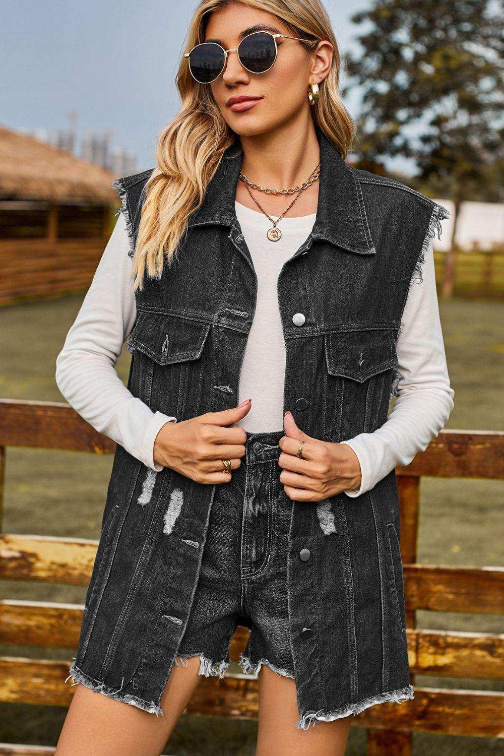 Sleeveless Button-Up Collared Denim Top with Pockets - Trendsi - Flyclothing LLC