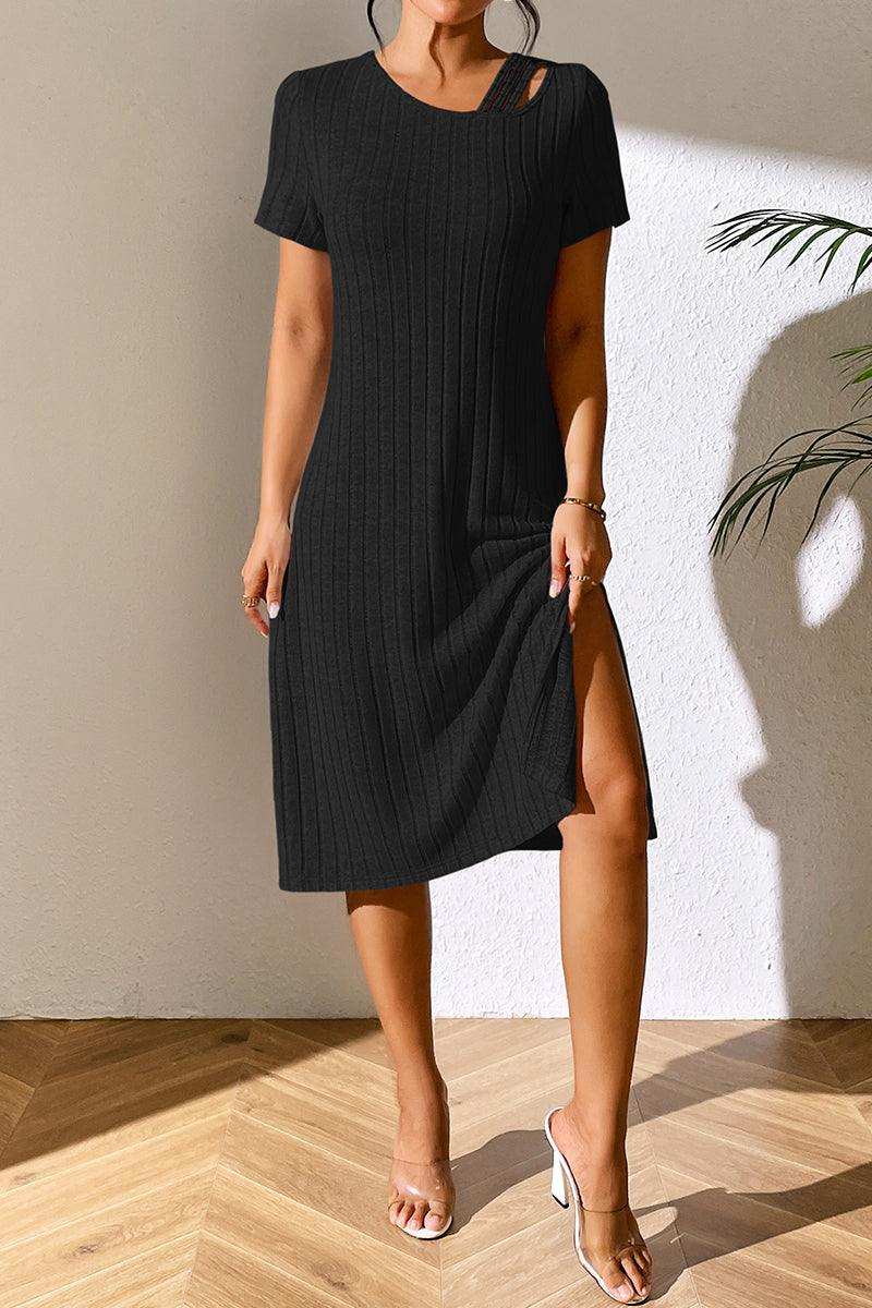 Ribbed Asymmetrical Neck Short Sleeve Dress - Trendsi - Flyclothing LLC