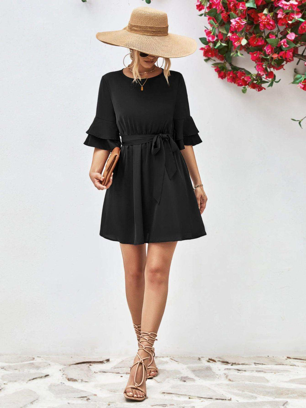 Round Neck Tie Belt Flounce Sleeve Dress - Trendsi - Flyclothing LLC