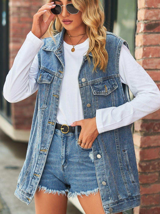Collared Neck Sleeveless Denim Top with Pockets - Trendsi - Flyclothing LLC