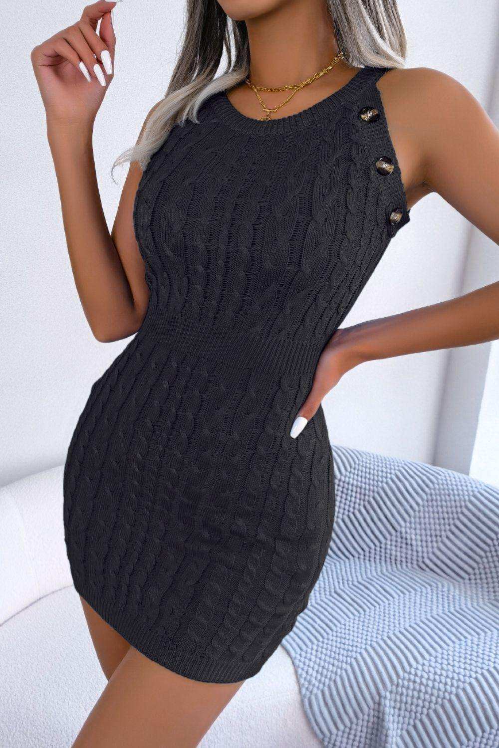 Decorative Button Sleeveless Cable-Knit Dress - Trendsi - Flyclothing LLC