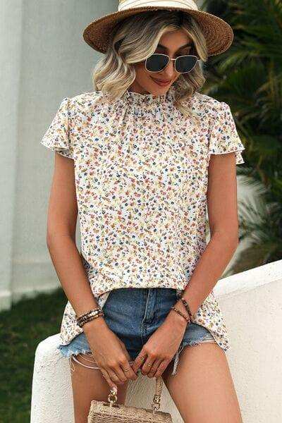 Ditsy Floral Mock Neck Short Sleeve T-Shirt - Trendsi - Flyclothing LLC