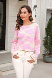 Round Neck Flower Pattern Dropped Shoulder Pullover Sweater - Trendsi - Flyclothing LLC
