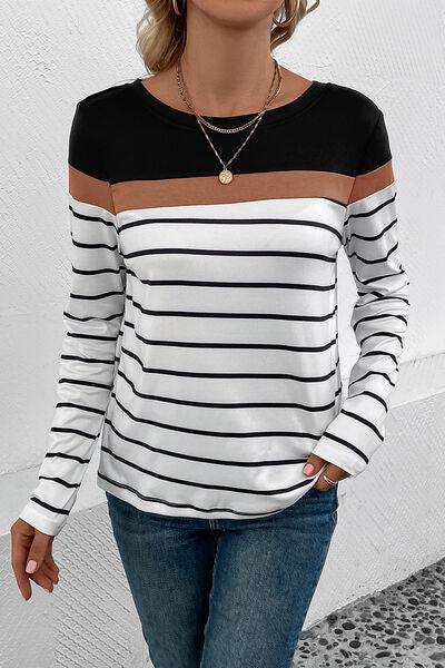Striped Round Neck Long Sleeve T-Shirt - Trendsi - Flyclothing LLC