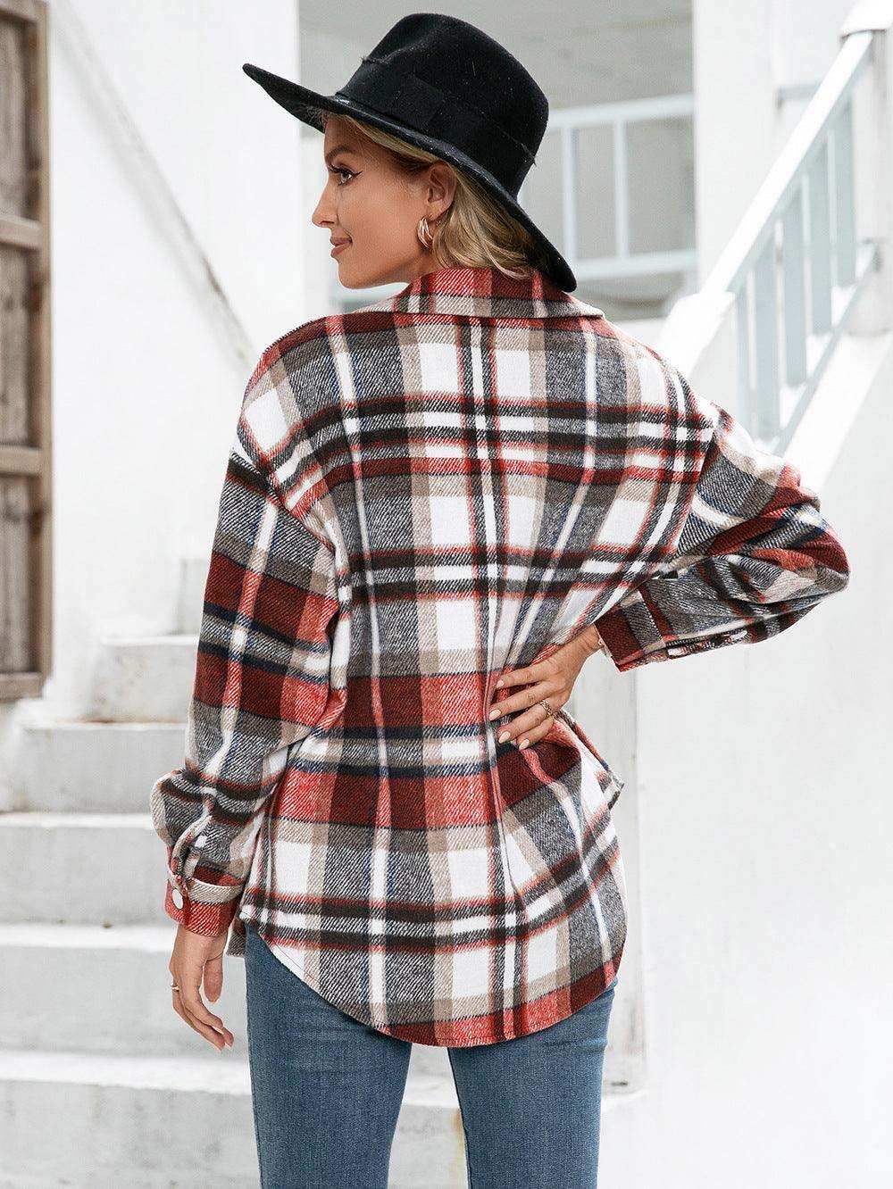 Meet You Outside Plaid Button Down Curved Hem Shacket - Trendsi - Flyclothing LLC