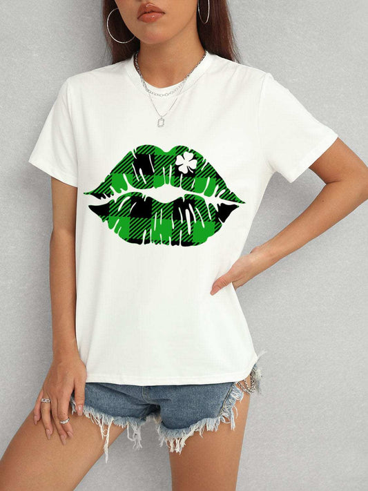 Plaid Lip Graphic Round Neck T-Shirt - Trendsi - Flyclothing LLC