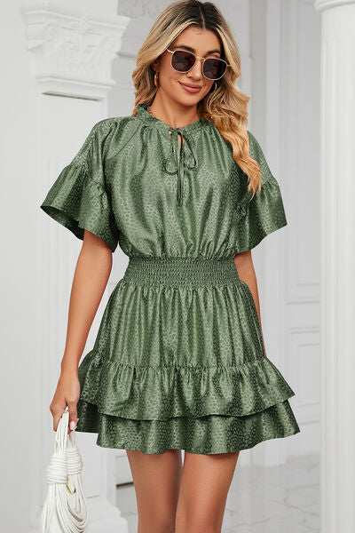 Smocked Tie Neck Flounce Sleeve Dress - Trendsi - Flyclothing LLC