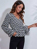 Checkered V-Neck Balloon Sleeve Peplum Blouse - Trendsi - Flyclothing LLC
