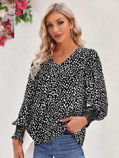 Printed V-Neck Lantern Sleeve Blouse - Trendsi - Flyclothing LLC