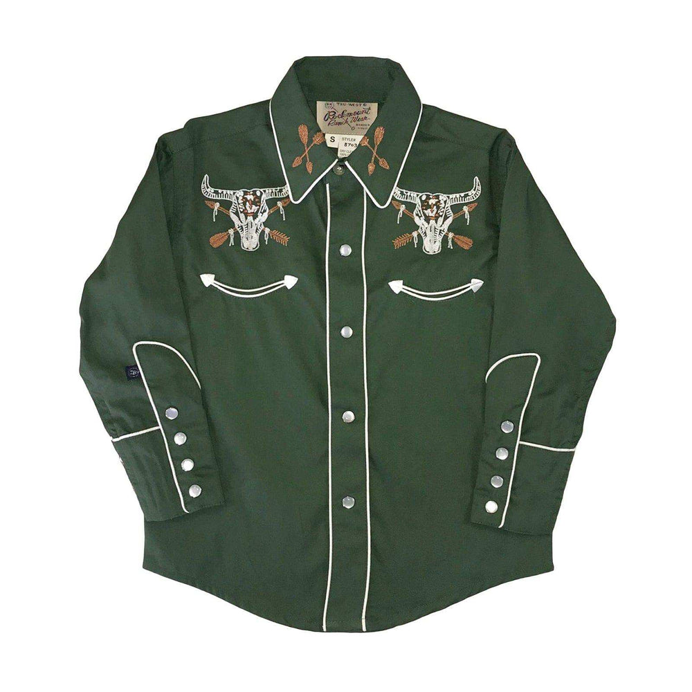 Rockmount Clothing Kid's Vintage Green Steer Skull & Arrow Chain Stitch Embroidery Western Shirt - Rockmount Clothing - Flyclothing LLC