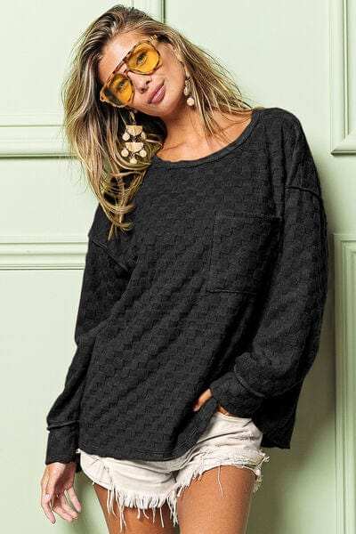 BiBi Checkered Round Neck Exposed Seam Top - Trendsi - Flyclothing LLC