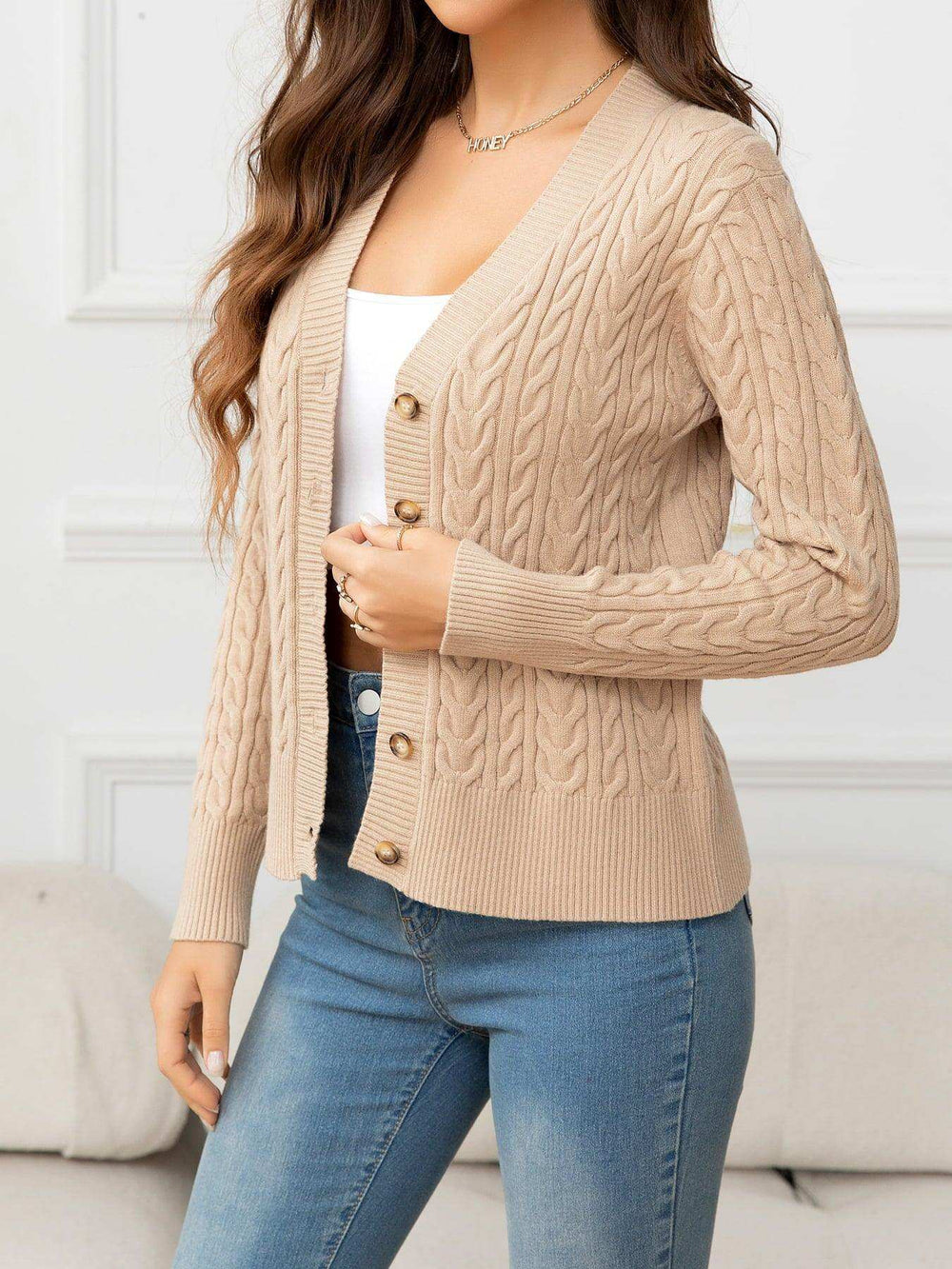 V-Neck Long Sleeve Cable-Knit Buttoned Knit Top - Trendsi - Flyclothing LLC