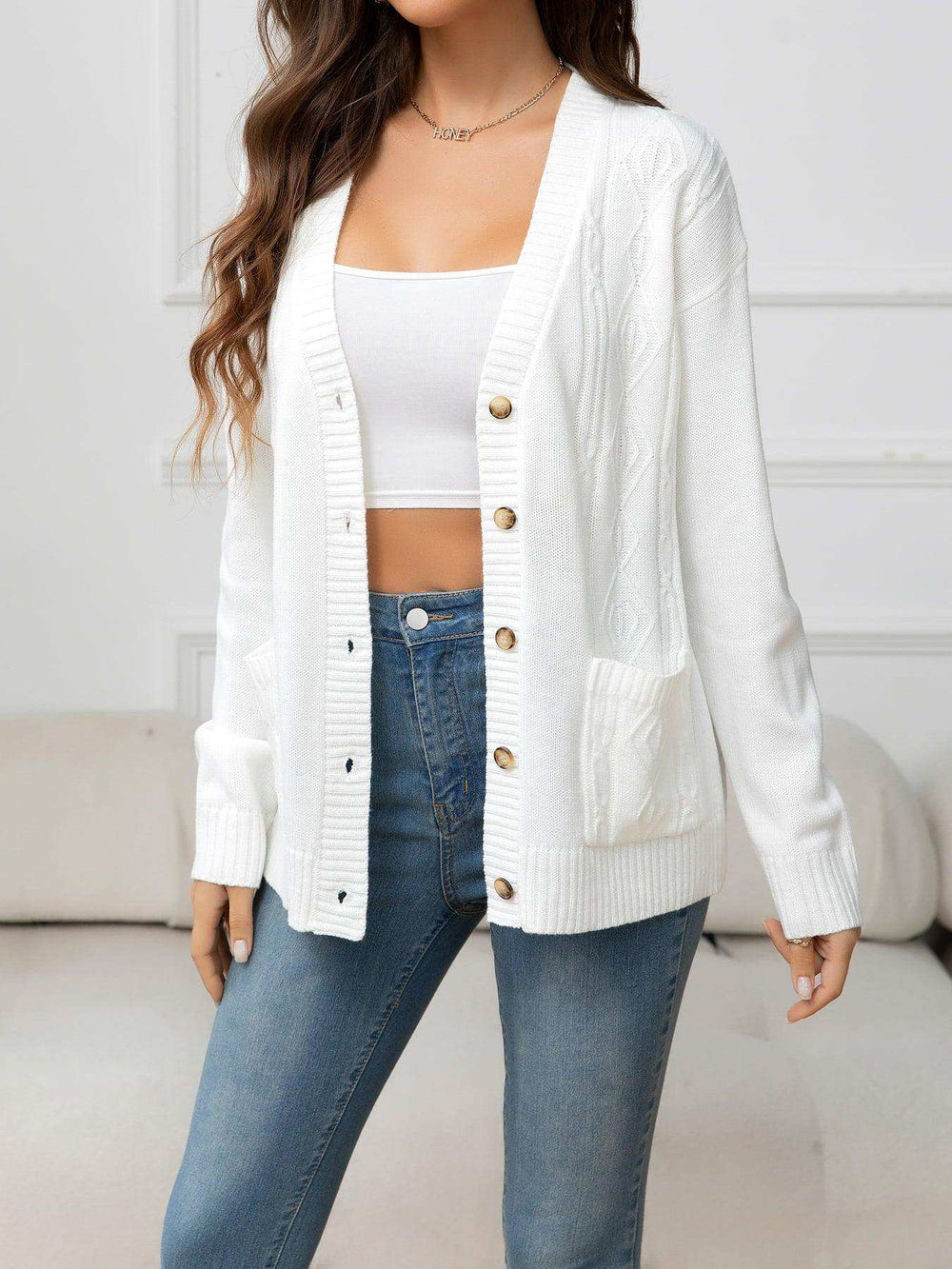 V-Neck Long Sleeve Buttoned Knit Top with Pocket - Trendsi - Flyclothing LLC