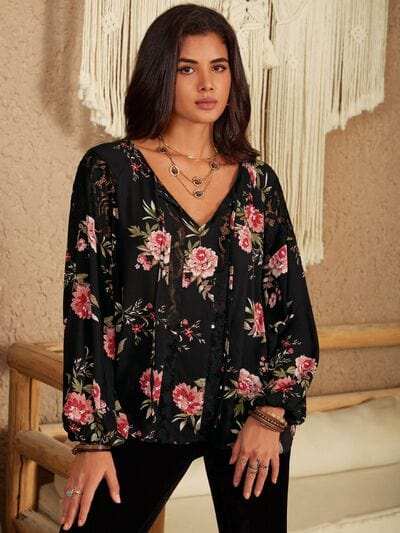 Flower Printed Tie Neck Long Sleeve Blouse - Trendsi - Flyclothing LLC