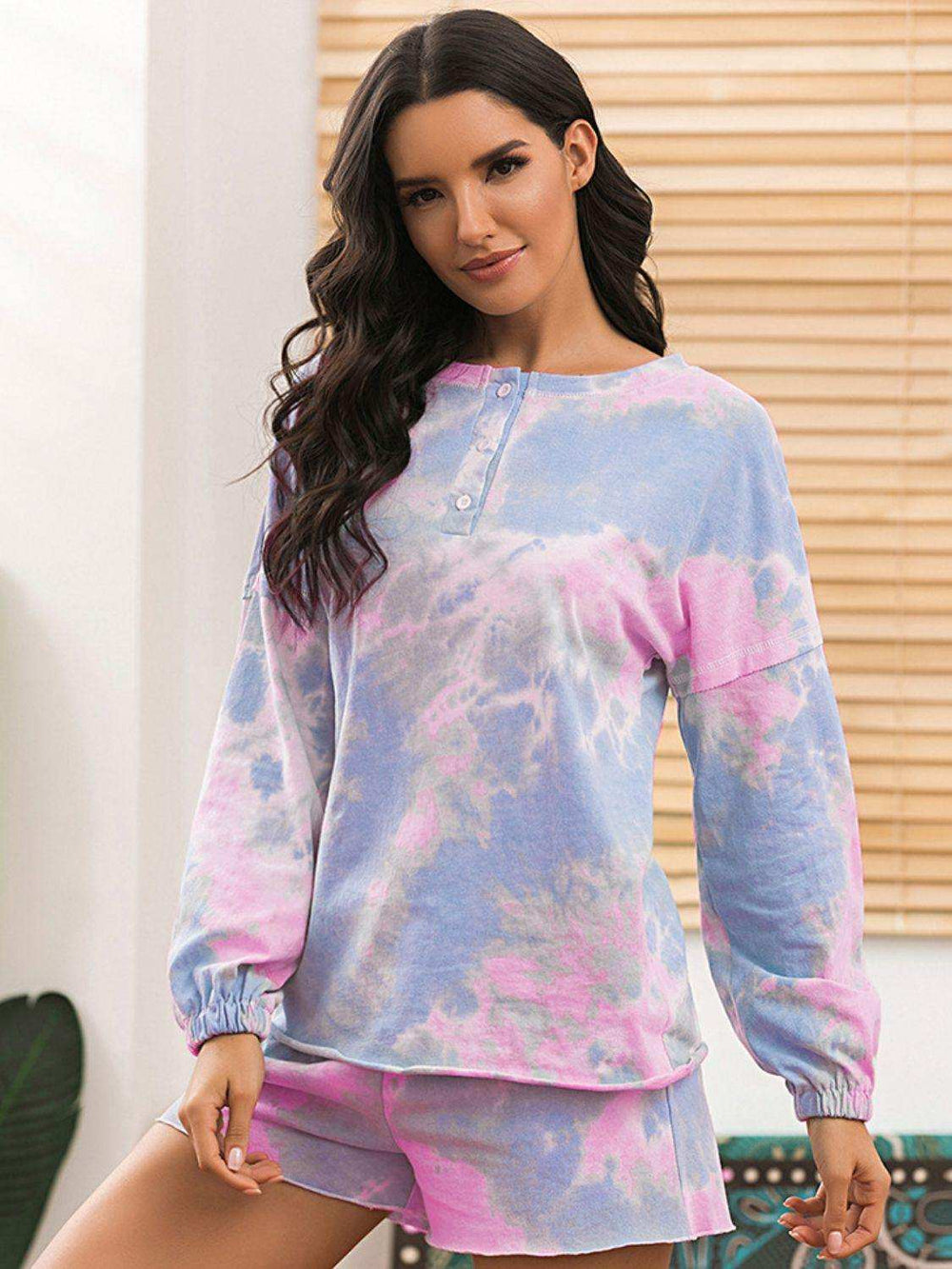Tie-Dye Long Sleeve Top and Shorts Lounge Set - Trendsi - Flyclothing LLC