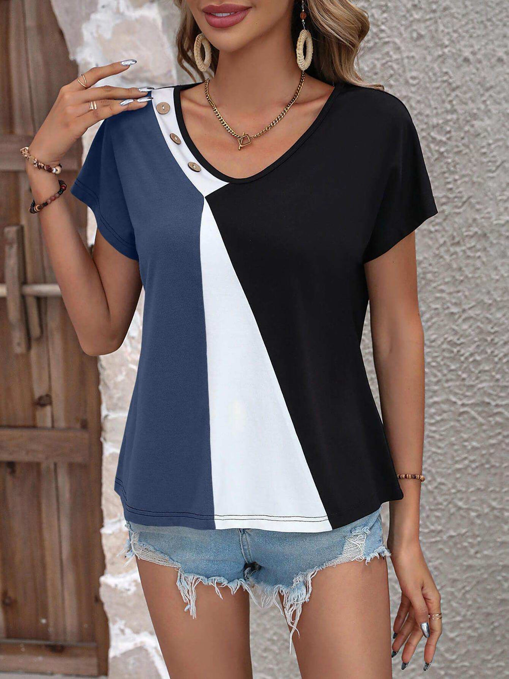 Color Block Decorative Button V-Neck Tee - Trendsi - Flyclothing LLC