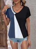 Color Block Decorative Button V-Neck Tee - Trendsi - Flyclothing LLC
