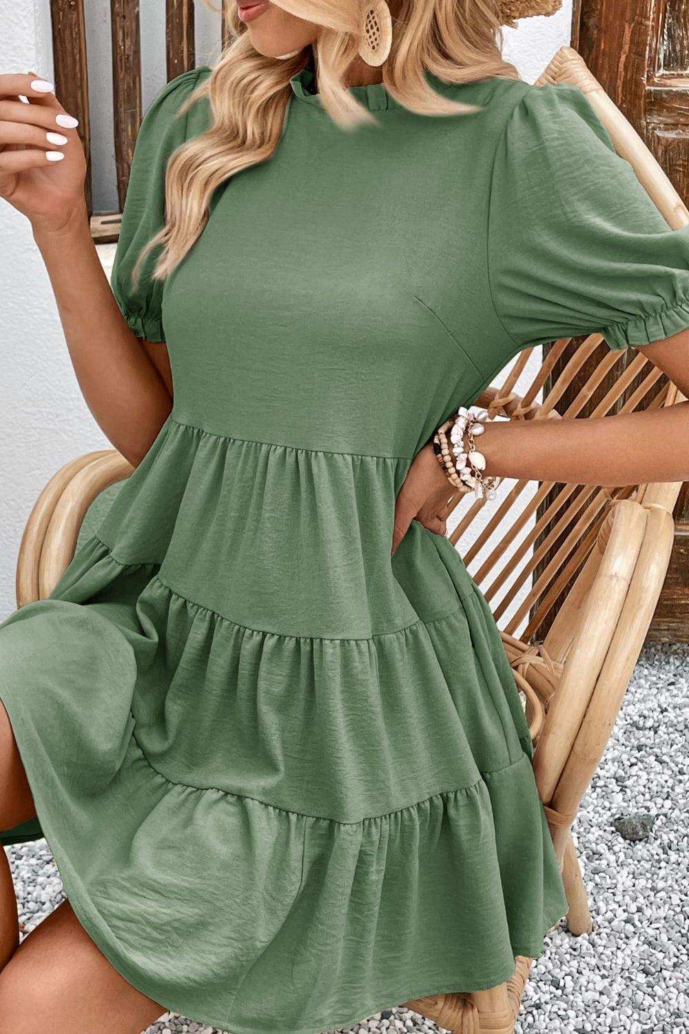 Puff Sleeve Tie Back Tiered Dress - Trendsi - Flyclothing LLC