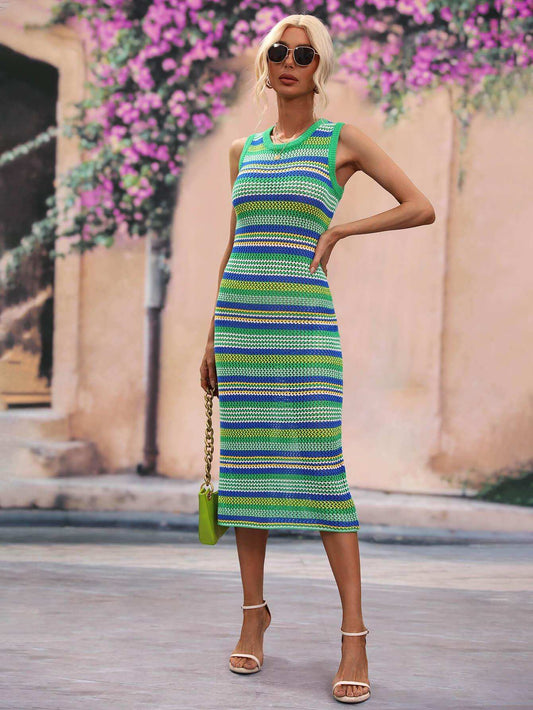 Striped Round Neck Sleeveless Midi Cover Up Dress - Trendsi - Flyclothing LLC