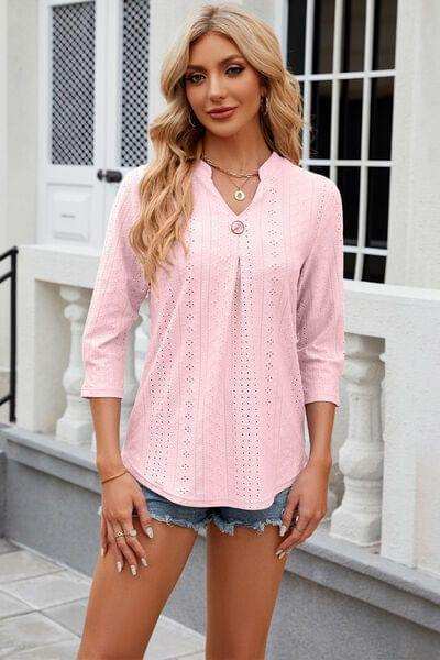 Eyelet Notched Knit Jacquard Top - Trendsi - Flyclothing LLC