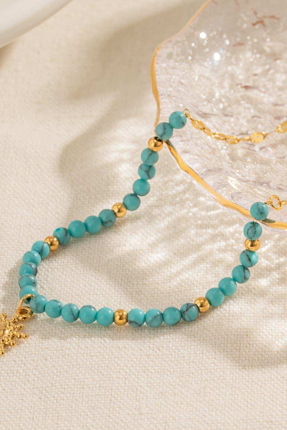 Turquoise Beaded 18K Gold-Plated Sun Shape Pendant Necklace - Trendsi - Flyclothing LLC