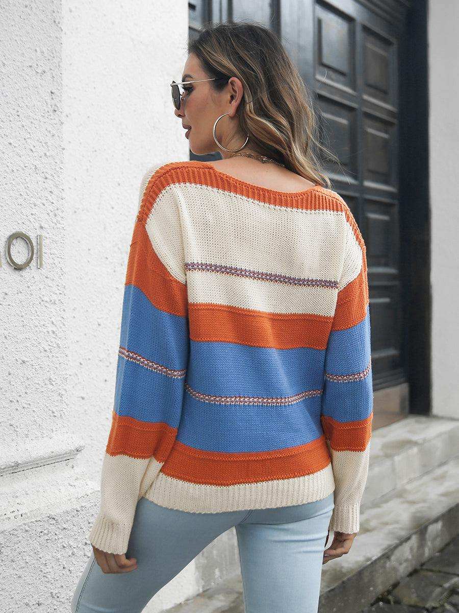 Striped V-Neck Drop Shoulder Sweater - Trendsi - Flyclothing LLC