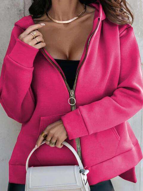 Zip-Up Slit Hoodie with Pockets - Trendsi - Flyclothing LLC