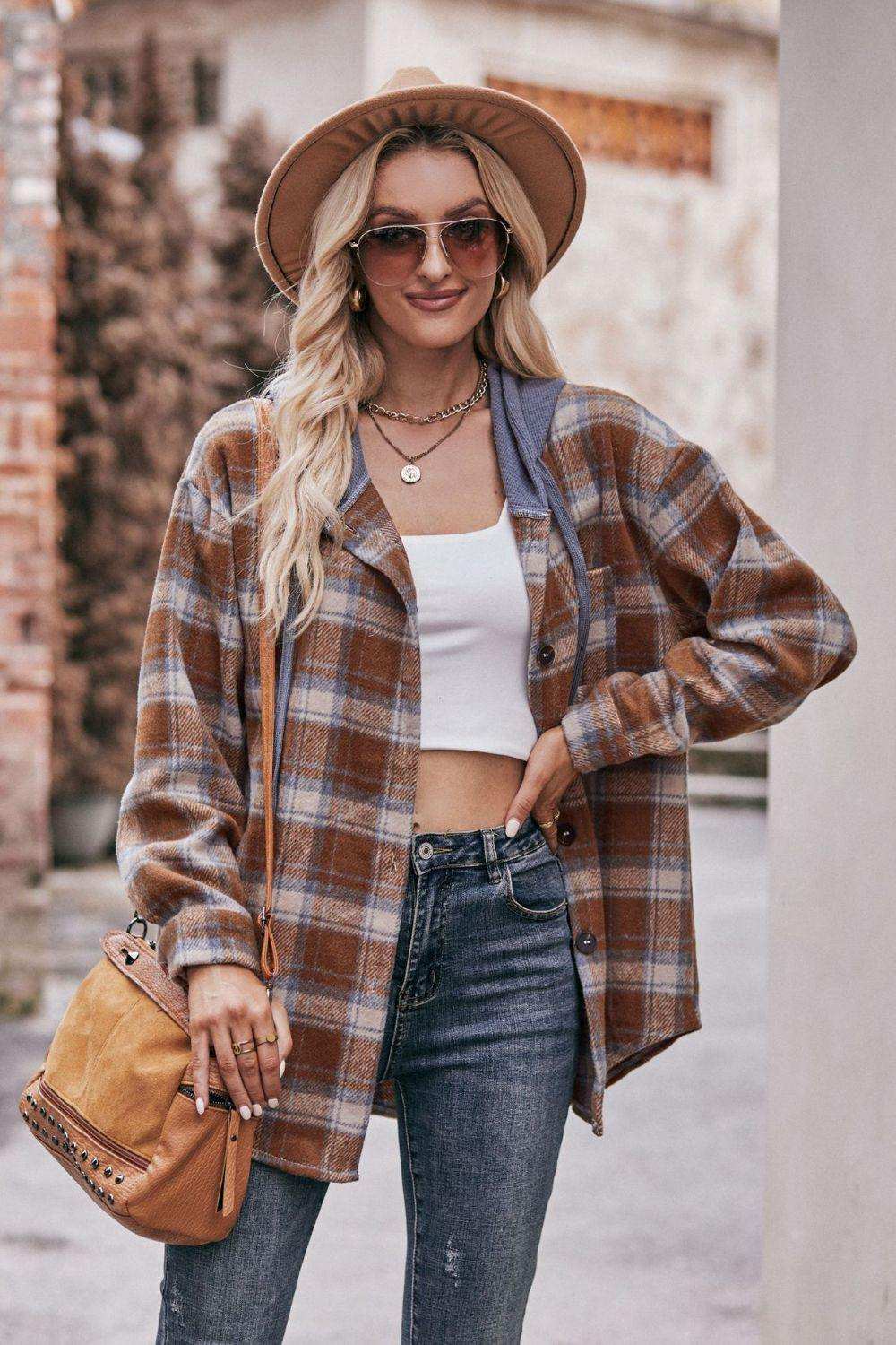 Plaid Dropped Shoulder Hooded Longline Jacket - Trendsi - Flyclothing LLC