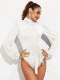 Backless Tie-Waist Turtleneck Lantern Sleeve Bodysuit - Trendsi - Flyclothing LLC