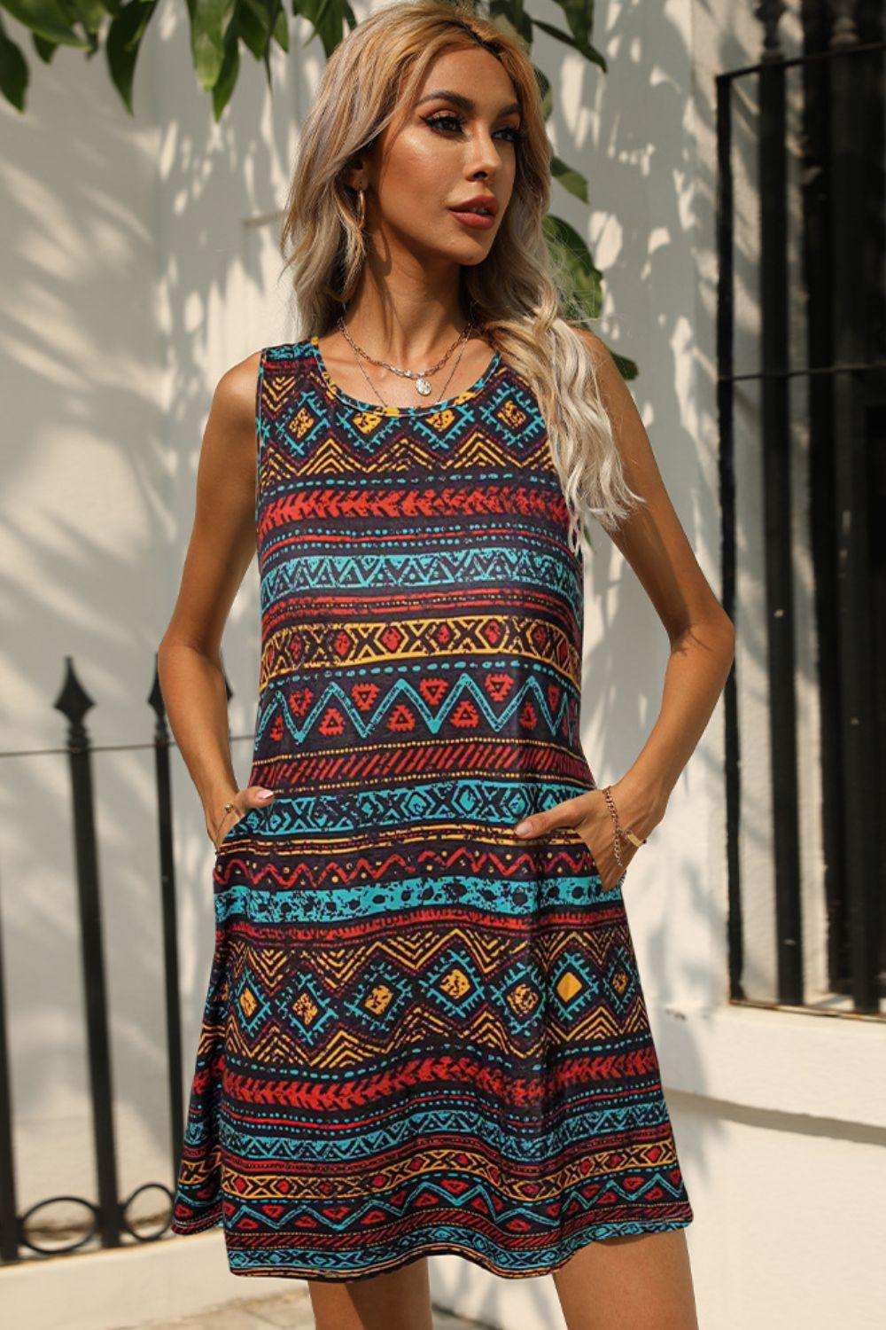 Printed Round Neck Sleeveless Dress with Pockets - Trendsi - Flyclothing LLC