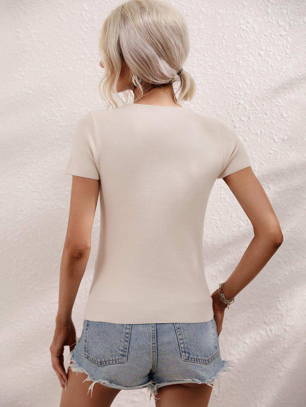 Cutout Round Neck Short Sleeve Knit Top - Trendsi - Flyclothing LLC