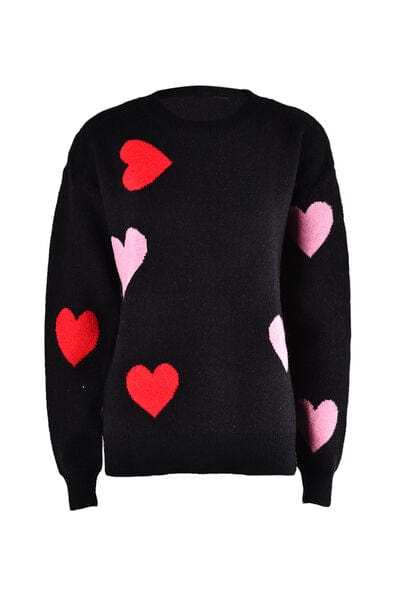 Heart Round Neck Droppped Shoulder Sweater - Trendsi - Flyclothing LLC