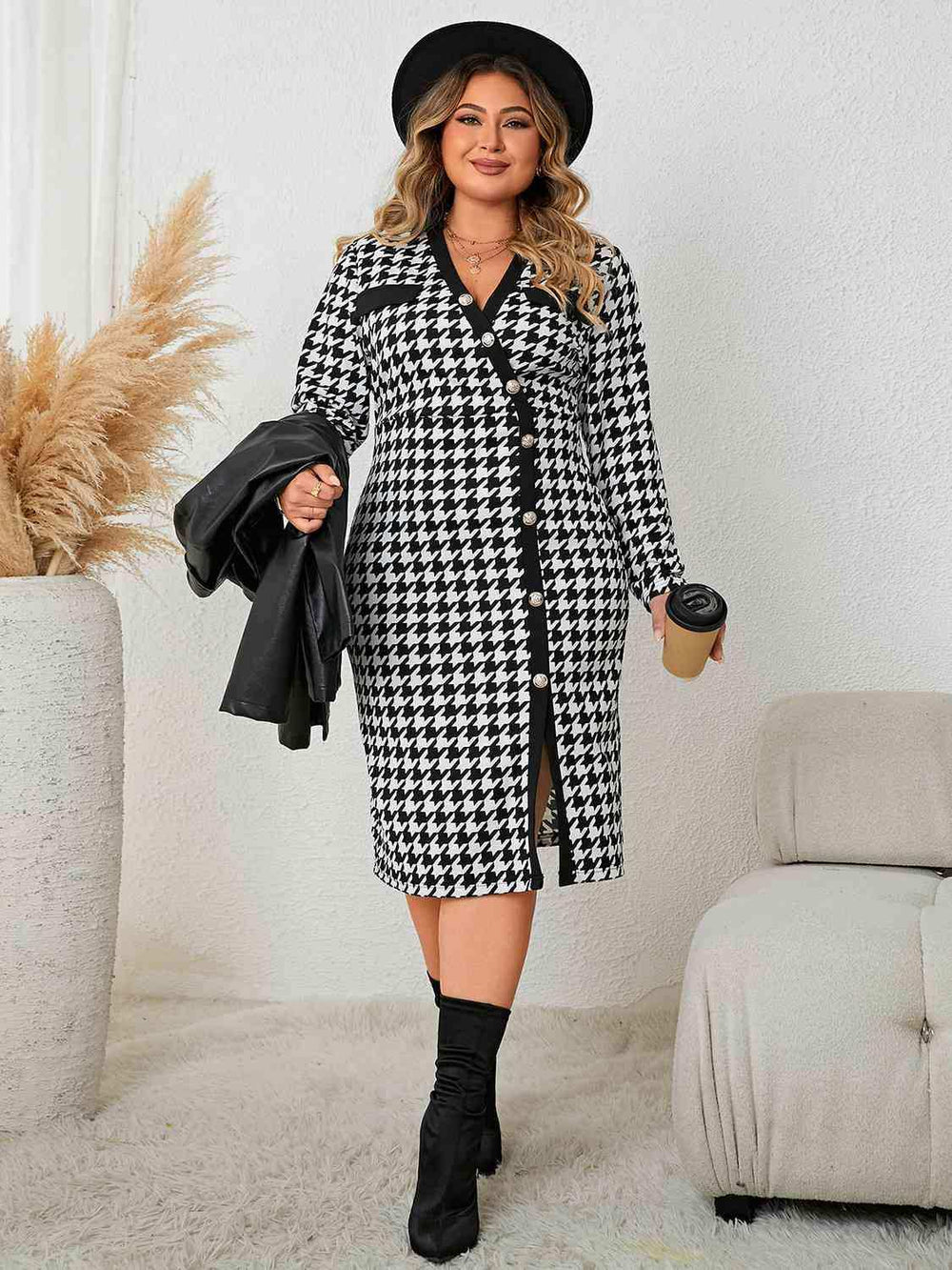 Plus Size Houndstooth Long Sleeve Slit Dress - Trendsi - Flyclothing LLC