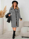 Plus Size Houndstooth Long Sleeve Slit Dress - Trendsi - Flyclothing LLC